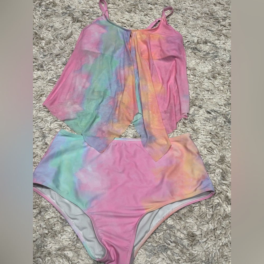 SHEIN Tie-Dye swimsuit XL two Piece bikini sheer overlay